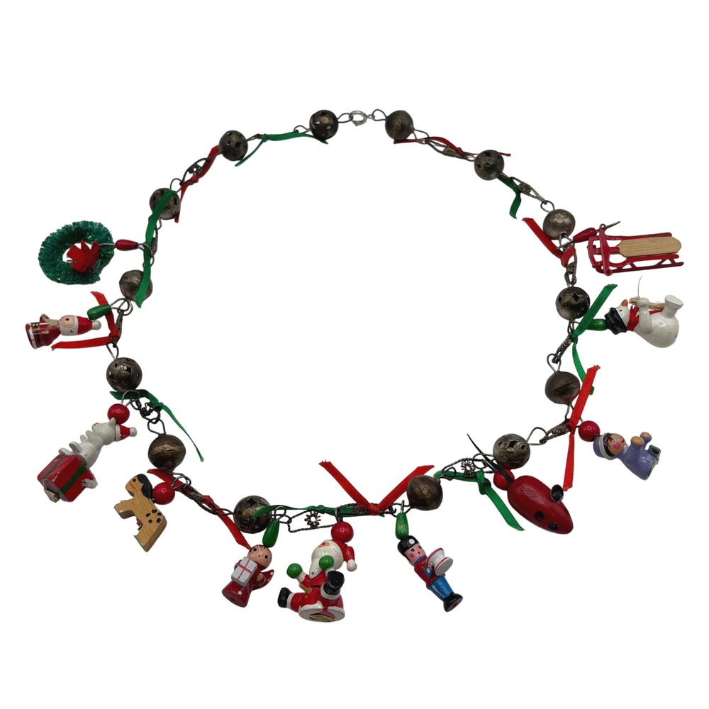Vtg 80s Christmas Charms Necklace Made in Taiwan Kitsch Camp Ugly Sweater 28inch